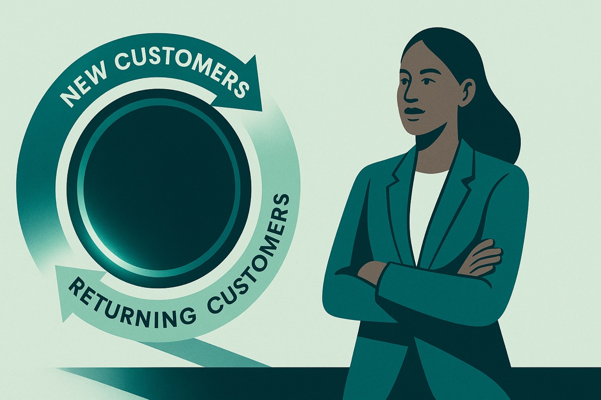 A spinning customer acquisition flywheel showing new customers entering and repeat customers cycling back